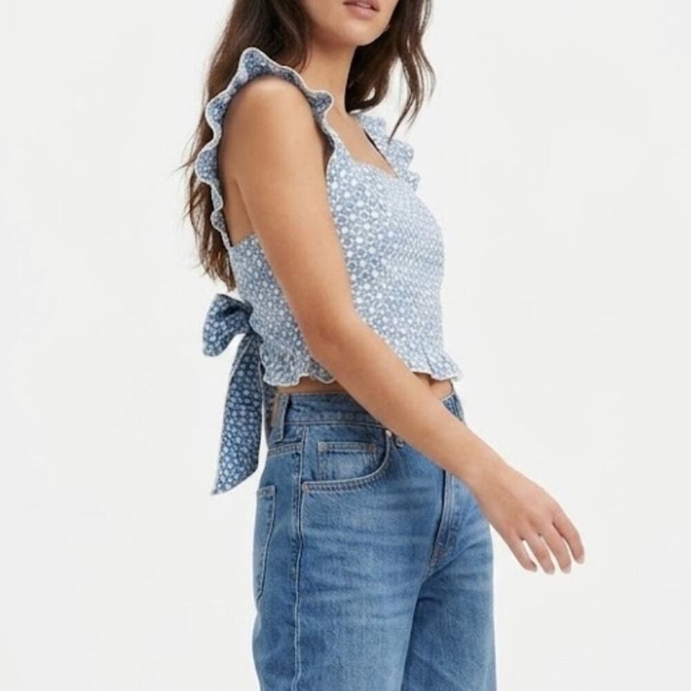 Kirious Blue Floral Eyelet Tie Back Crop Top Tank Top XS Cottagecore Top